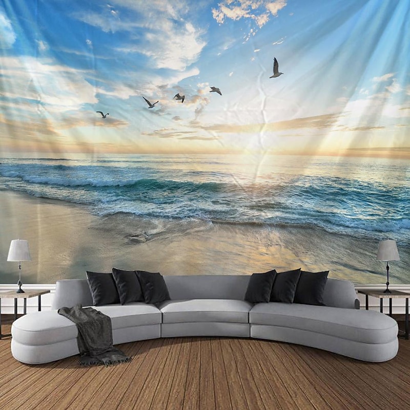Beach Seagull Digital Printed Large Tapestry Decor Wall Art Tablecloths Bedspread Picnic Blanket Beach Throw Tapestries Colorful Bedroom Hall Dorm Living Room Hanging