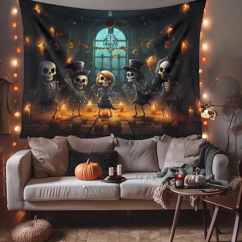 Halloween Decorations Cute Skeleton Hanging Tapestry Wall Art Large Tapestry Mural Decor Photograph Backdrop Blanket Curtain Home Bedroom Living Room4