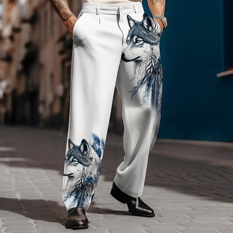 Men's Wolf Dress Pants Mid Waist Business Casual Formal Dailywear Pocket Straight Leg Trousers Summer Spring Fall 3D Print Blue