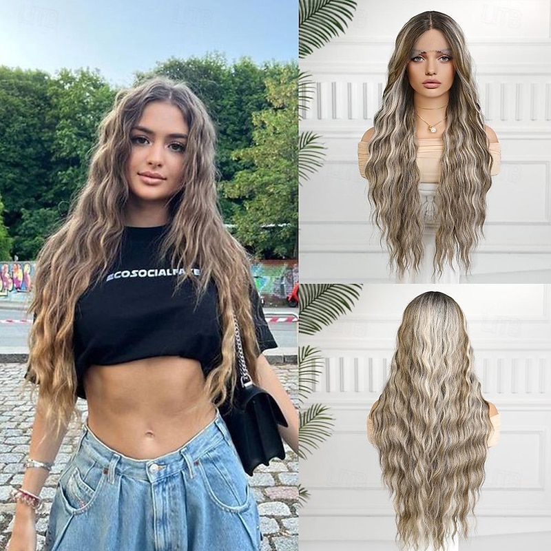 Synthetic Lace Wig Curly Style 28 inch Dark Brown Middle Part T Part Wig Women's Wig Dark Brown