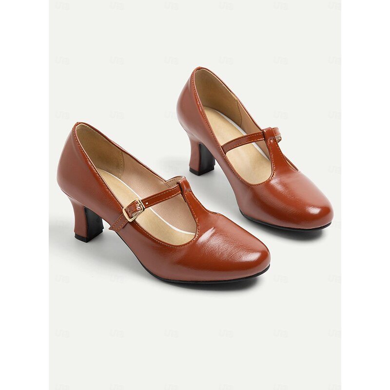 Women's Vintage Gatsby Brown T-Strap Heels with Classic Design-Ideal for Office, Parties, and Formal Events2
