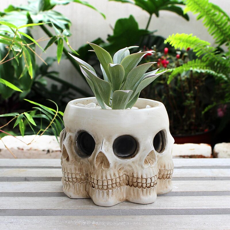 Halloween Multi-Faced Skull Resin Planter - Unique Creative Succulent Pot - Halloween Candy Bowl - Spooky Green Plant Pot Decoration3