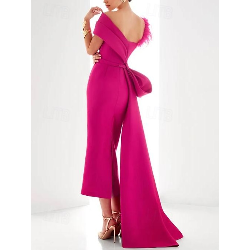 Sheath Evening Gown Elegant Dress Formal Sweep / Brush Train Sleeveless One Shoulder Satin with Feather Bow(s)4