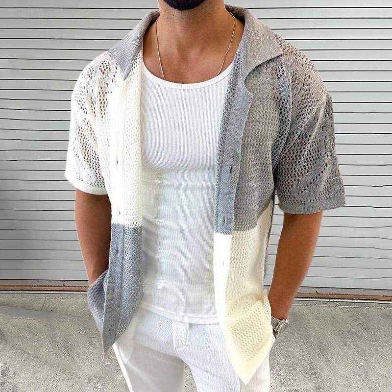 Men's Shirt Summer Shirt Casual Shirt Beach Shirt Button Up Shirt Black Blue khaki Gray Short Sleeve Color Block Turndown Vacation Hawaiian Patchwork Clothing Apparel Fashion Casual Comfortable4