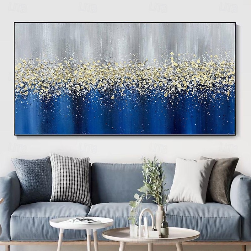 Handmade Oil Painting Canvas Wall Art Decoration Modern Abstract Texture  Blue Gold for Living Room Home Decor Rolled Frameless Unstretched Painting