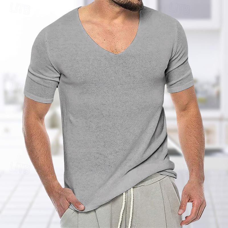 Men's T Shirt Tee Knit Tee Tee Top Short Sleeves V Neck Summer Plain Fashion Designer Basic Knitting Vacation Street Going out Black White Grey Top Tee for Men