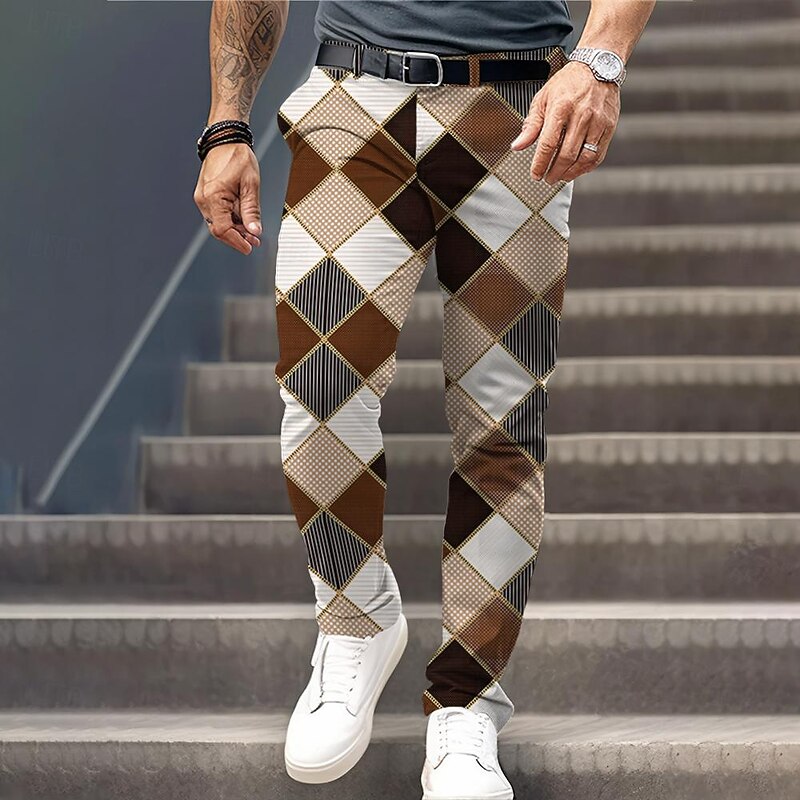 Men's Plaid Dress Pants Mid Waist Formal Casual Pocket 3D Print Buttons Summer Spring Fall & Winter 3D Print Brown