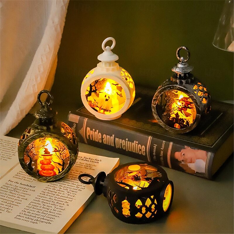 Vintage Halloween Decoration Lantern Electronic Candle Light Lighted Ghost Night Light, LED Light Up Pumpkin Light Ghost Festival Creative Decoration Props Hand-Held Small Oil Lamp 1pc2