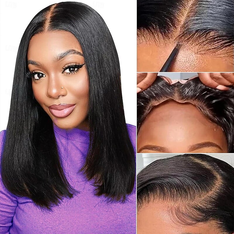 Put On and Go Glueless Wigs Bob Human Hair Pre Plucked Bob Wig Human Hair Glueless Wigs for Beginners Pre Cut Straight Short Bob Wig 4x4 HD Lace Closure Wigs for Black Women Natural Color2