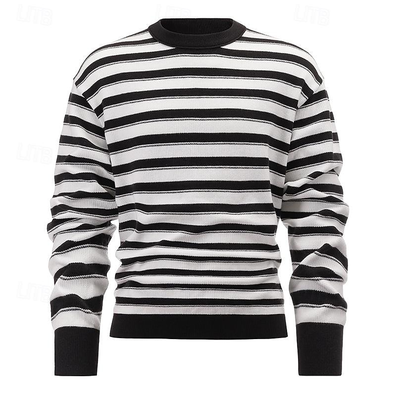 Men's Pullover Sweater Jumper Knit Sweater Ribbed Knit Regular Knitted Stripes Crew Neck Fashion Basic Daily Wear Date Clothing Apparel Fall & Winter Black Green M L XL