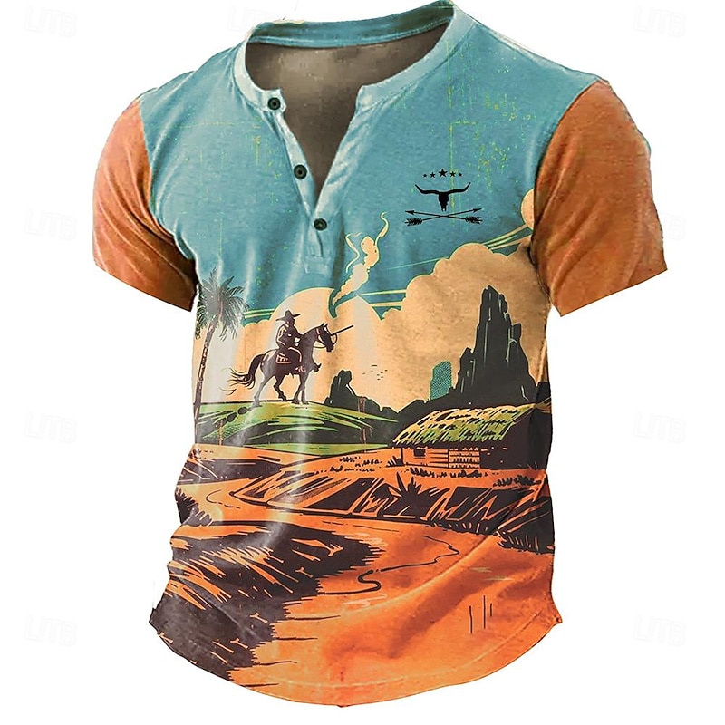 Men's Cowboy T shirt Henley Shirt Short Sleeve 3D Print Retro Vintage Western Style Street Casual Daily Summer Spring Blue Green Henley Henley T-Shirt4