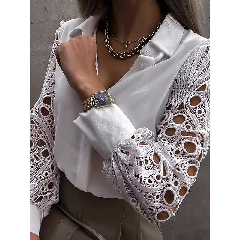 Women's Blouse Lace Eyelet Work Stylish Modern Long Sleeve Black Summer Spring2