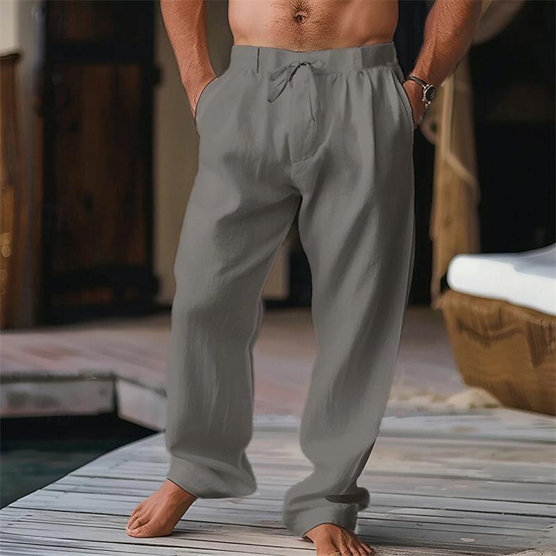 Men's Trousers Summer Pants Beach Pants Drawstring Pleats Straight Leg Plain Comfort Breathable Casual Daily Holiday Fashion Classic Style Black White3