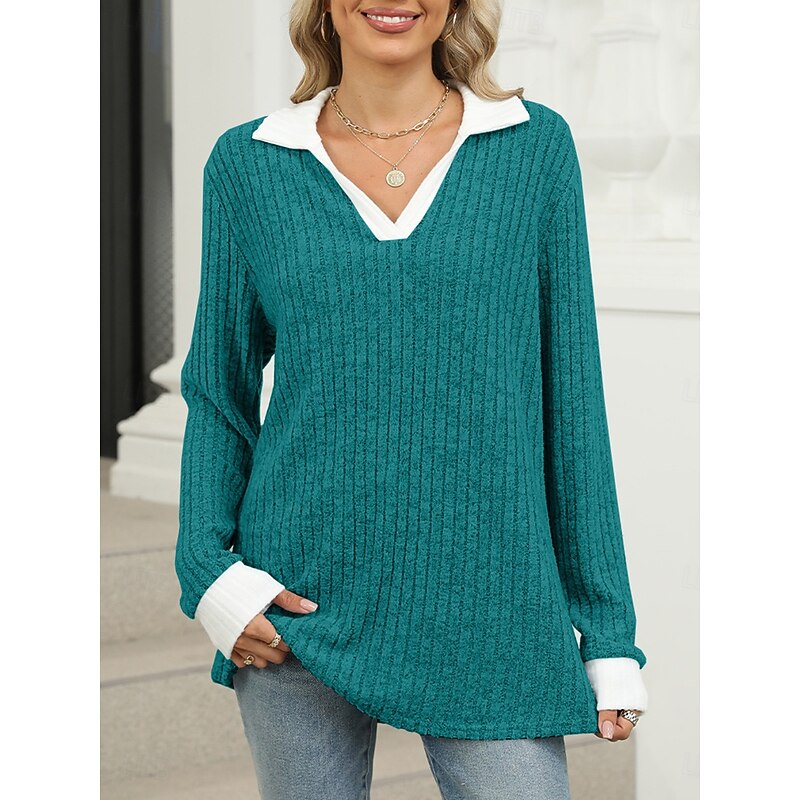 Women's T Shirt Casual Solid Color Long Sleeve Long Tops Shirt Collar Daily Black Blue Green Spring Fall4