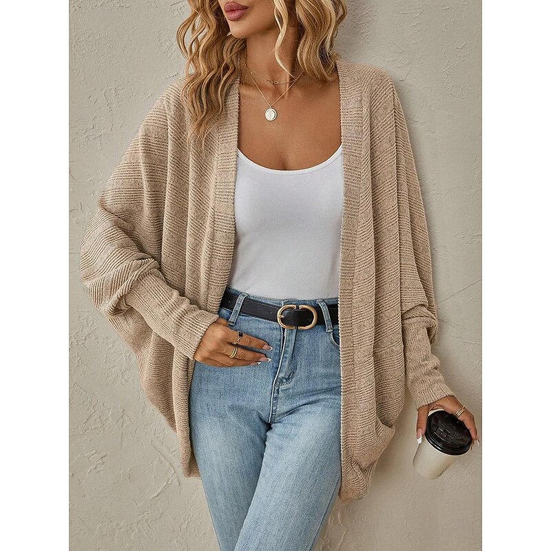 Women's Cardigan Coat Casual Solid Color Ribbed Open Front Knitted Batwing Sleeve Long Sleeve Regular Tops Knit Daily Pink Blue Spring Fall3