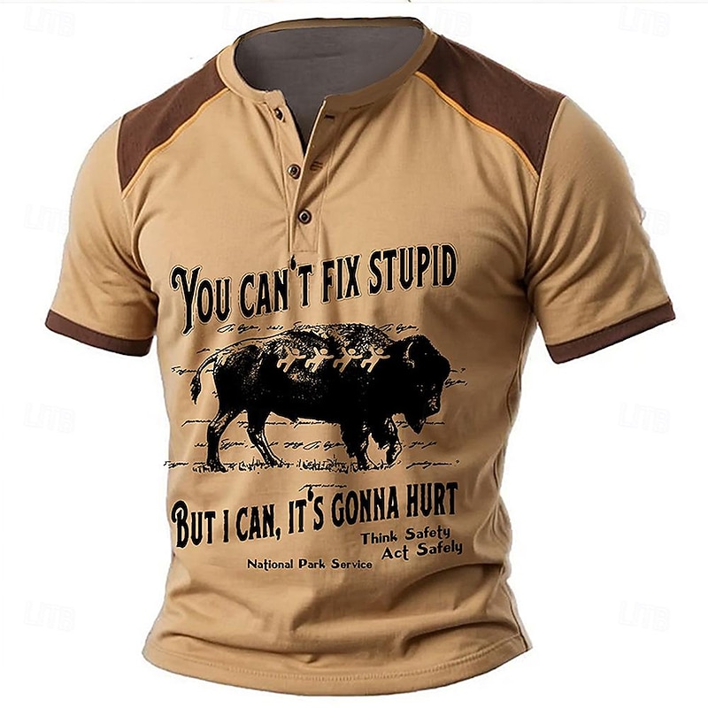 Men's Cow T shirt Henley Shirt Short Sleeve 3D Print Designer Retro Vintage Western Style Street Casual Daily Summer Spring Red Green Khaki Henley Henley T-Shirt