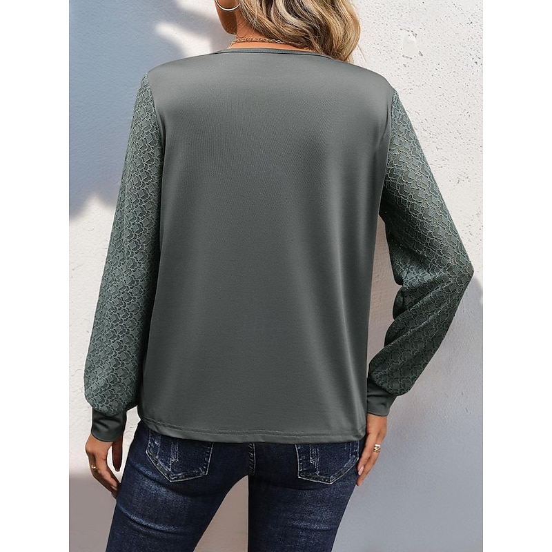 Women's Elegant Lace Tops Eyelet Blouse Stylish Modern Solid Color Lace Ruched Long Sleeve V Neck Work Romantic Petite Tops Summer Holiday Wear Gray Spring Fall Winter2