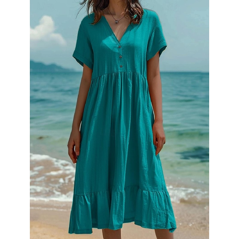 Women's Normal Midi Dress Cotton Linen Dresses Casual Dress Casual Street Regular Fit Solid Color Short Sleeve V Neck Light Green Dark Green Orange Dark Grey Summer4