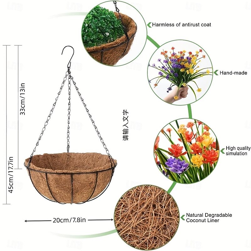 Outdoor Hanging Planter with Artificial Flowers - UV Resistant Rose, Eucalyptus Plants, Faux Plastic Greenery, Gypsophila for Indoor Garden, Porch, Window Box, Home Wedding Deco3