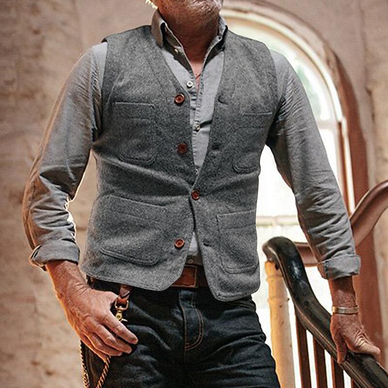 Men's Vest Gilet Wedding Event / Party Daily Fashion Business Spring &  Fall Button Pocket Polyester Comfortable Plain Single Breasted One-button V Neck Regular Fit Black Light Grey Vest2
