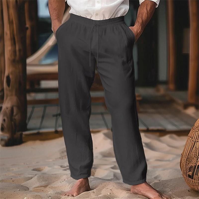 Men's Linen Pants Trousers Summer Pants Drawstring Elastic Waist Plain Comfort Soft Full Length Party Daily Beach Fashion Simple Black White Micro-elastic3