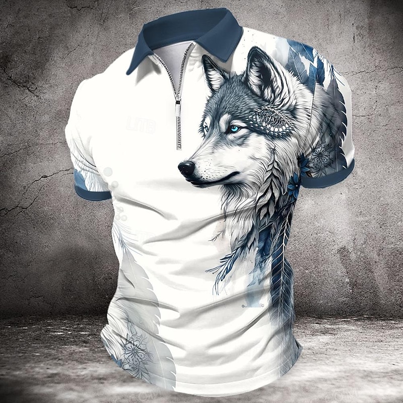 Men's Wolf Zip Polo Shirts Golf Shirt Short Sleeve Polo Shirts Collared Shirts Casual Funny Streetwear Vacation Wear Party Outfits 3D Print Quarter Zip Polo Spring & Summer Black White Brown2