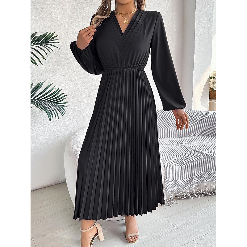 Women's Work Dress Satin A Line Dress Fashion Office Long Dress Maxi Dress Pleated V Neck Long Sleeve Plain Regular Fit Black Wine Brown Spring Fall S M L XL2