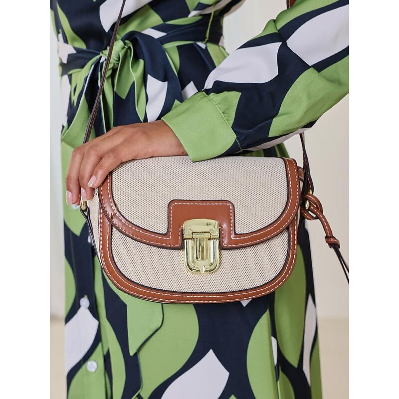 Women's Crossbody Bag – Vintage Leather Trim Small Shoulder Purse with Buckle Closure – Beige and Brown, Ideal for Daily Use and Travel2