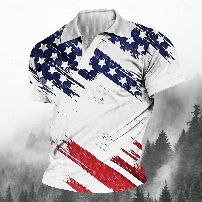 Men's American Flag Veterans Polo Shirts Golf Shirt Short Sleeve Polo Shirts V Neck Streetwear Vacation Wear Party Outfits 3D Print Spring & Summer White
