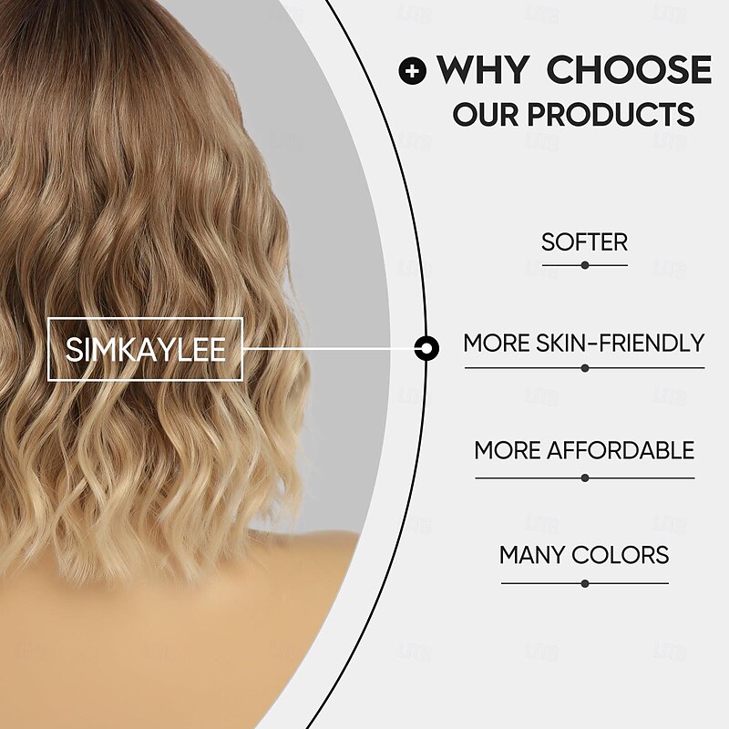 Short  Wavy Wig for Women 14 Inch Shoulder Length Middle Part Curly No Lace Wavy Bob Wig Natural Looking Synthetic Heat Resistant Fiber Wig for Daily Party Use Halloween Wigs4