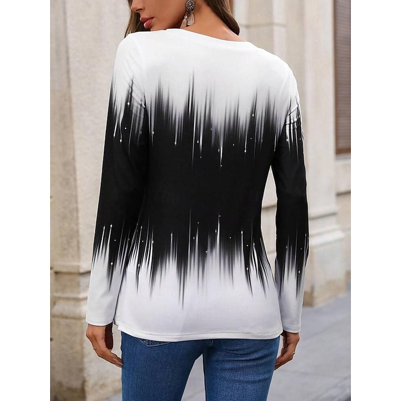 Women's T Shirt V Neck Long Sleeve Tunic Casual Color Block Print Regular Tops Daily Black Spring & Fall2