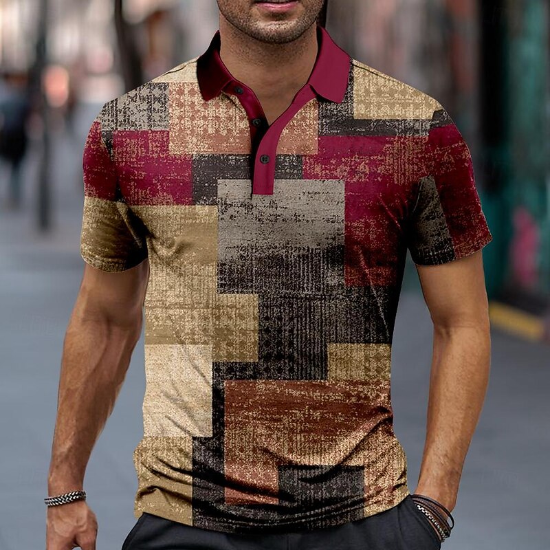 Men's Plaid Polo Shirts Golf Shirt Short Sleeve Polo Shirts Collared Shirts Vintage Vacation Wear Formal Wear Festival Wear Buttons 3D Print Spring & Summer Wine Red Blue3