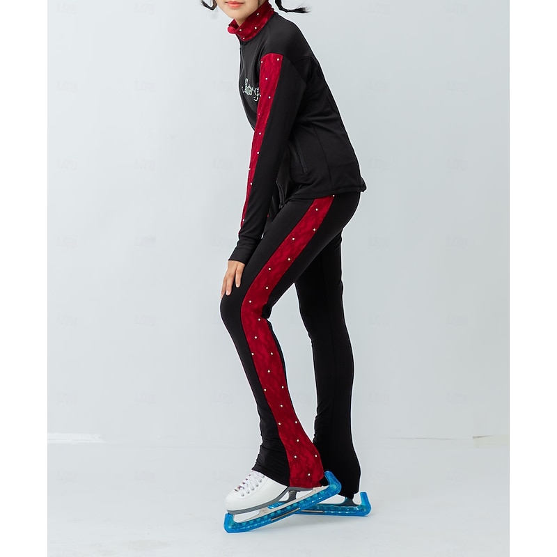 Figure Skating Fleece Jacket Figure Skating Pants Figure Skating Jacket with Pants Women's Girls' Ice Skating Jacket Tights Outfits Black Red Patchwork Thumbhole Spandex Stretchy Training Practice4
