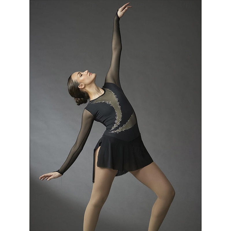 Figure Skating Dress Women's Girls' Ice Skating Dress Black Patchwork Thumbhole Mesh High Elasticity Training Competition Skating Wear Classic Long Sleeve Ice Skating Figure Skating2