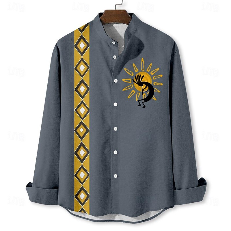 Men's Ethnic Kokopelli Shirt Button Up Shirt Long Sleeve Vintage Casual Tribal Vacation Daily Summer Spring &  Fall Standing Collar Button Up 3D Print Blue Green Khaki Beige3