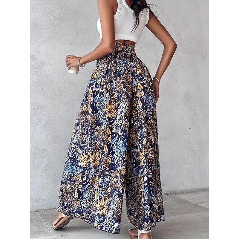 Women's Wide Leg Pants A Line Print Floral Boho Black Summer3