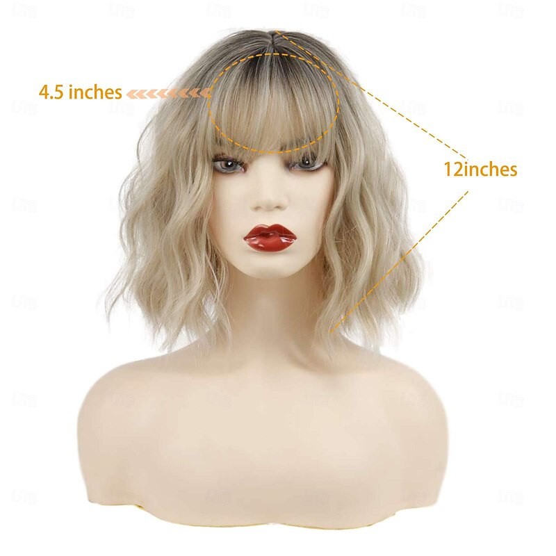 Short Ombre Blonde Wigs Wavy Bob Wig with Bangs Women Synthetic Curly Pastel Bob Wig for Girl Colorful Cosplay Wigs2