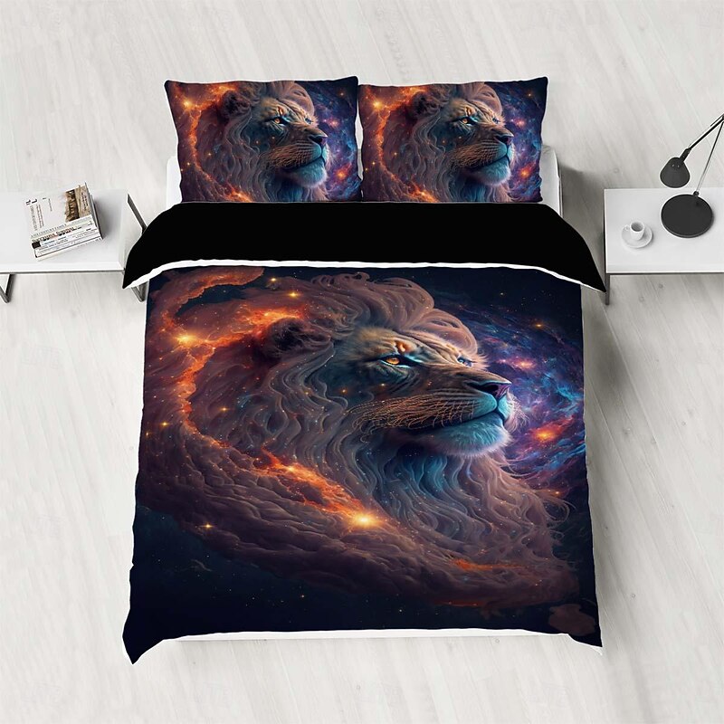 Colorful Neon Lion Head 3-Piece Down Duvet Cover Set for Hotel Bedroom Guest Rooms Bdding Comfort Set3