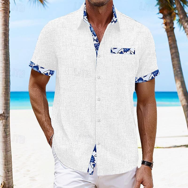 Men's Shirt Linen Shirt Summer Shirt Summer Hawaiian Shirt Color Block Vacation Curise Black White Pink Dark Navy Short Sleeve Fold-over Collar Spring & Summer Clothing Apparel Patchwork2