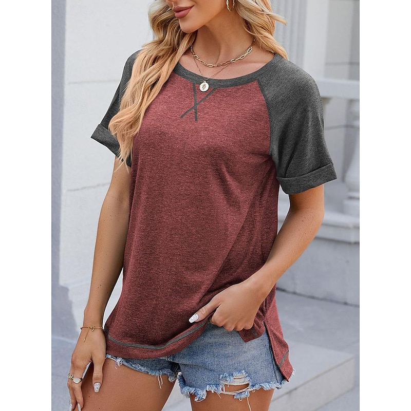 Women's T Shirt Color Block Casual Short Sleeve Crew Neck Long Tops Daily Print White Wine Gray Summer