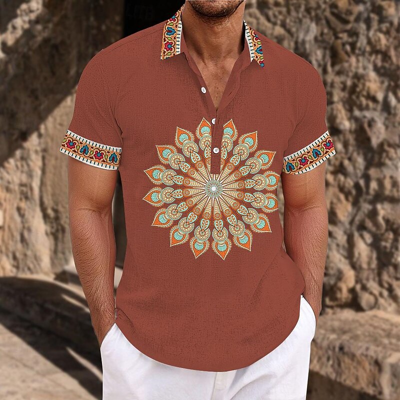 Men's Ethnic Shirt Button Up Shirt Short Sleeve Casual Tribal Daily Holiday Summer Spring Turndown 3D Print Button-Down Red Blue Khaki