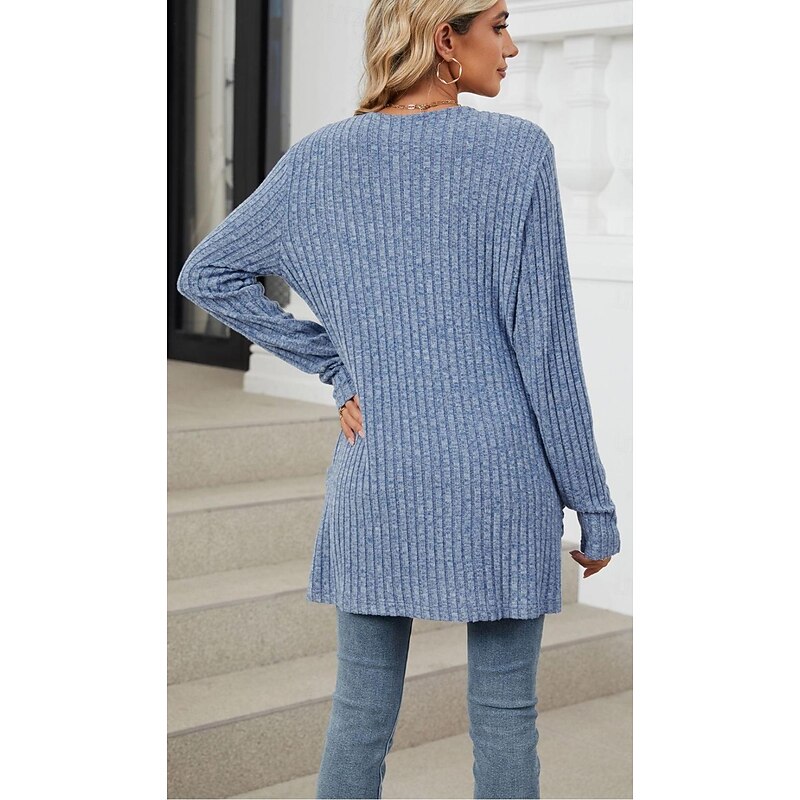 Women's Cardigan Elegant Casual Solid Color Ribbed Open Front Pocket Long Sleeve Regular Tops Knit Work Daily Black Army Green Spring Fall4
