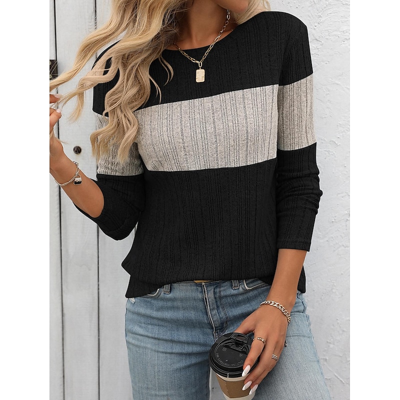 Women's Sweater Stylish Color Block Ribbed Crew Neck Print Long Sleeve Regular Tops Knit Work Black Pink Spring Fall