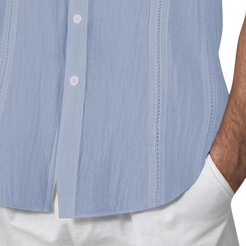 Men's Shirt Guayabera Shirt Summer Shirt Solid Color Vacation Curise Black White Navy Blue Khaki Short Sleeve Fold-over Collar Spring & Summer Clothing Apparel Patchwork3