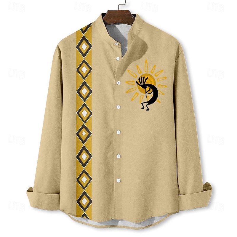 Men's Ethnic Kokopelli Shirt Button Up Shirt Long Sleeve Vintage Casual Tribal Vacation Daily Summer Spring &  Fall Standing Collar Button Up 3D Print Blue Green Khaki Beige4