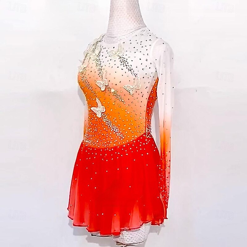 Figure Skating Dress Women's Girls' Ice Skating Dress Red Patchwork Thumbhole Mesh High Elasticity Training Competition Skating Wear Classic Long Sleeve Ice Skating Figure Skating3