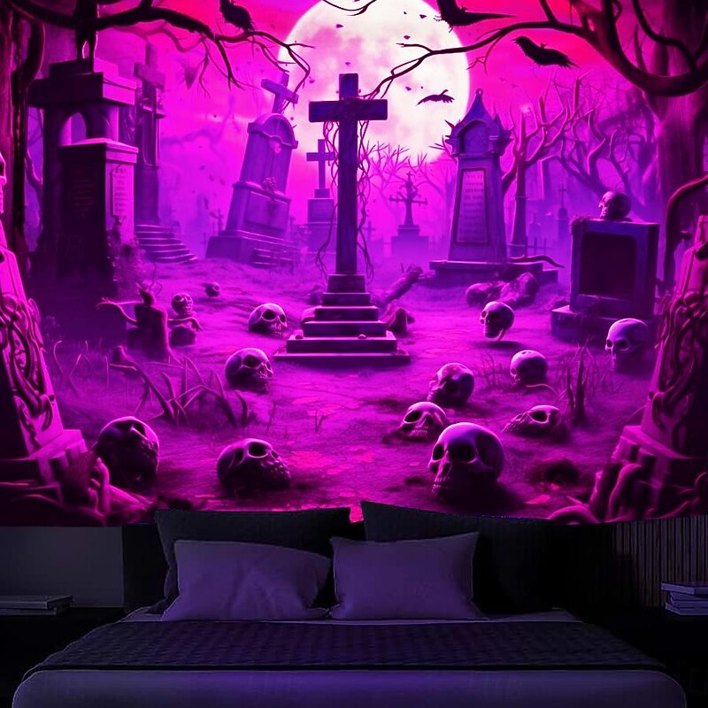 Halloween Skulls Blacklight Tapestry UV Reactive Glow in the Dark Misty Graveyard Hanging Tapestry Wall Art Mural for Living Room Bedroom3