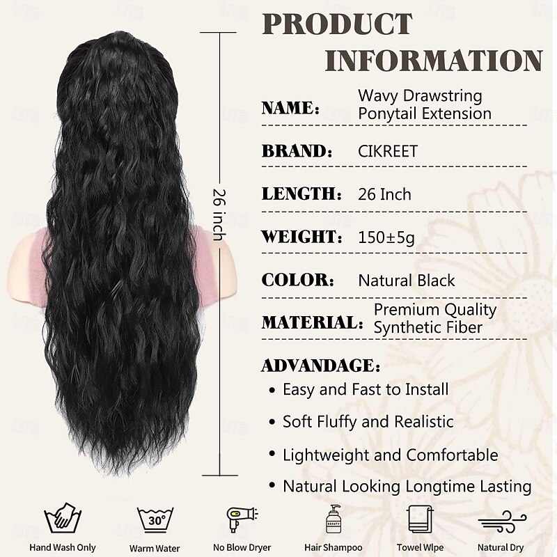 Wavy Curly Ponytail Extension for Black Women Drawstring Ponytail Pony Tails Hair Extensions Ponytail 26 Inch Long Natural Black Hair Ponytail Extension Clip in Synthetic Fake Ponytail Hair Extensions2