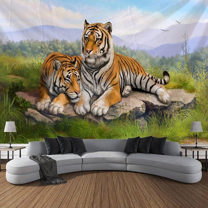 Animal Tiger Forest Hanging Tapestry Wall Art Large Tapestry Mural Decor Photograph Backdrop Blanket Curtain Home Bedroom Living Room Decoration2