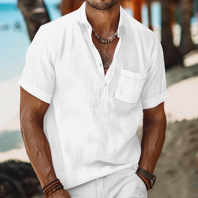 Men's Shirt Linen Shirt Summer Shirt Beach Shirt Solid Color Vacation Curise Black White Gray Light Blue Short Sleeve Fold-over Collar Spring & Summer Clothing Apparel Pocket4